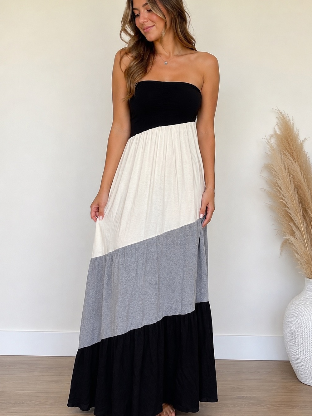 La Vie En Rose Strapless Colorblock Maxi Dress in Black, Cream & Gray